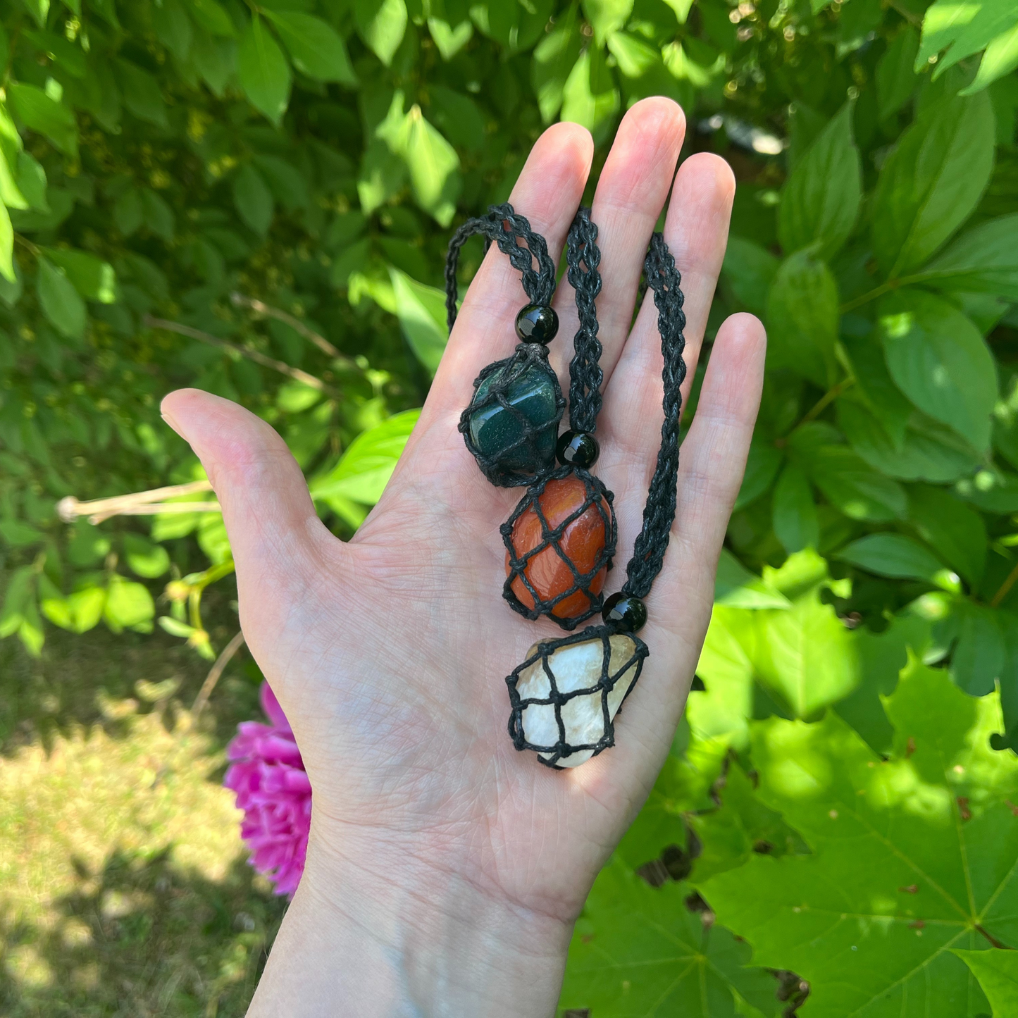 Adjustable Macrame Crystal Stone Pouch Necklace