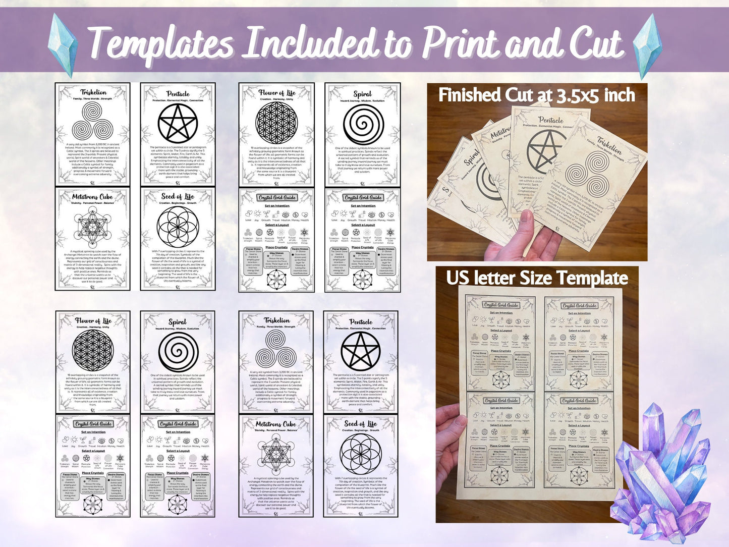 Crystal Grid Sacred Geometry Meaning Cards Printable including Crystal Grid Guide size 3.5x5 inch Crystal Grid Reference Cards.