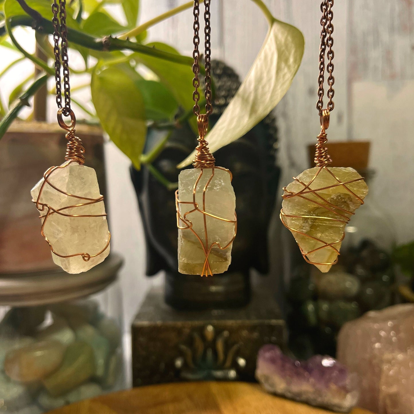 Wire Wrapped Pendant, Green Calcite Pendant, Chunky Crystal Pendant, Wire Wrapped Pendant Necklace Gift, Healing Boho Crystal Necklace.