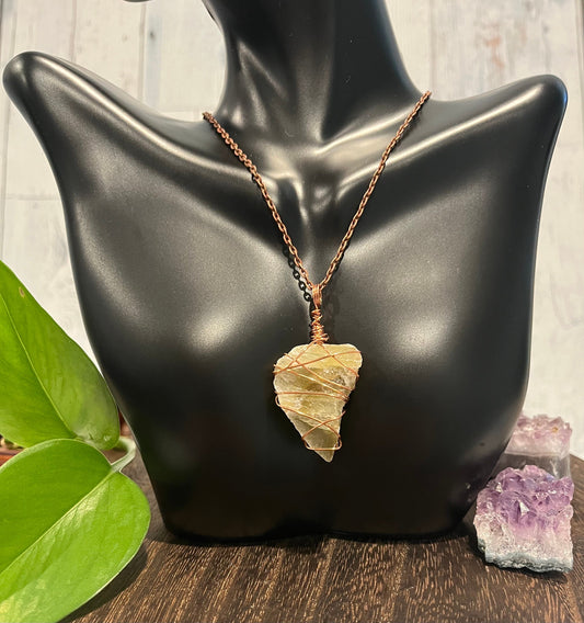 Wire Wrapped Pendant, Green Calcite Pendant, Chunky Crystal Pendant, Wire Wrapped Pendant Necklace Gift, Healing Boho Crystal Necklace.