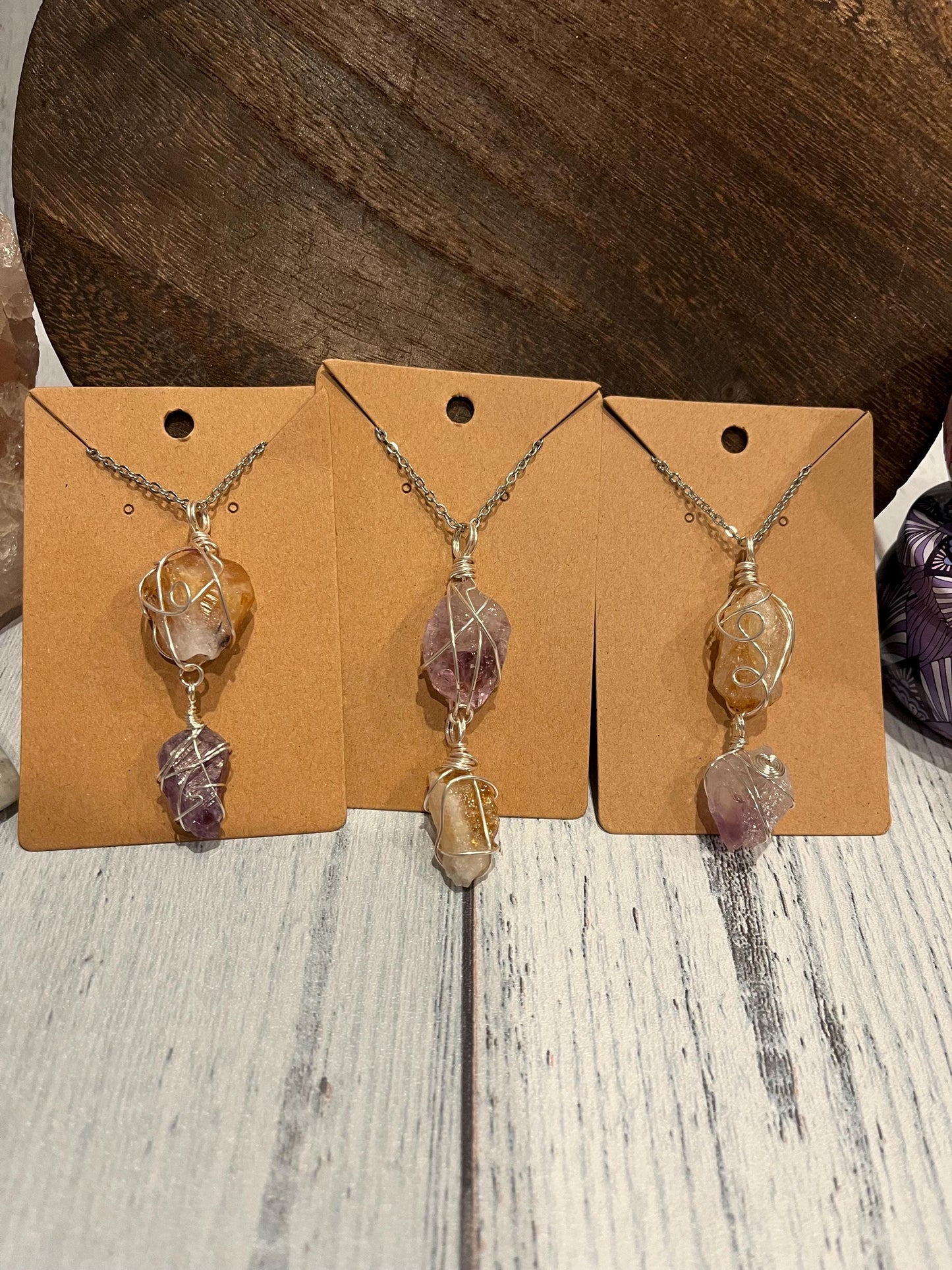 Crystal Wrapped Necklace, Chunky Raw Amethyst & Citrine Silver Wire Wrapped Necklace Gift, 18 inch Necklace. Healing Boho Crystal Necklace.