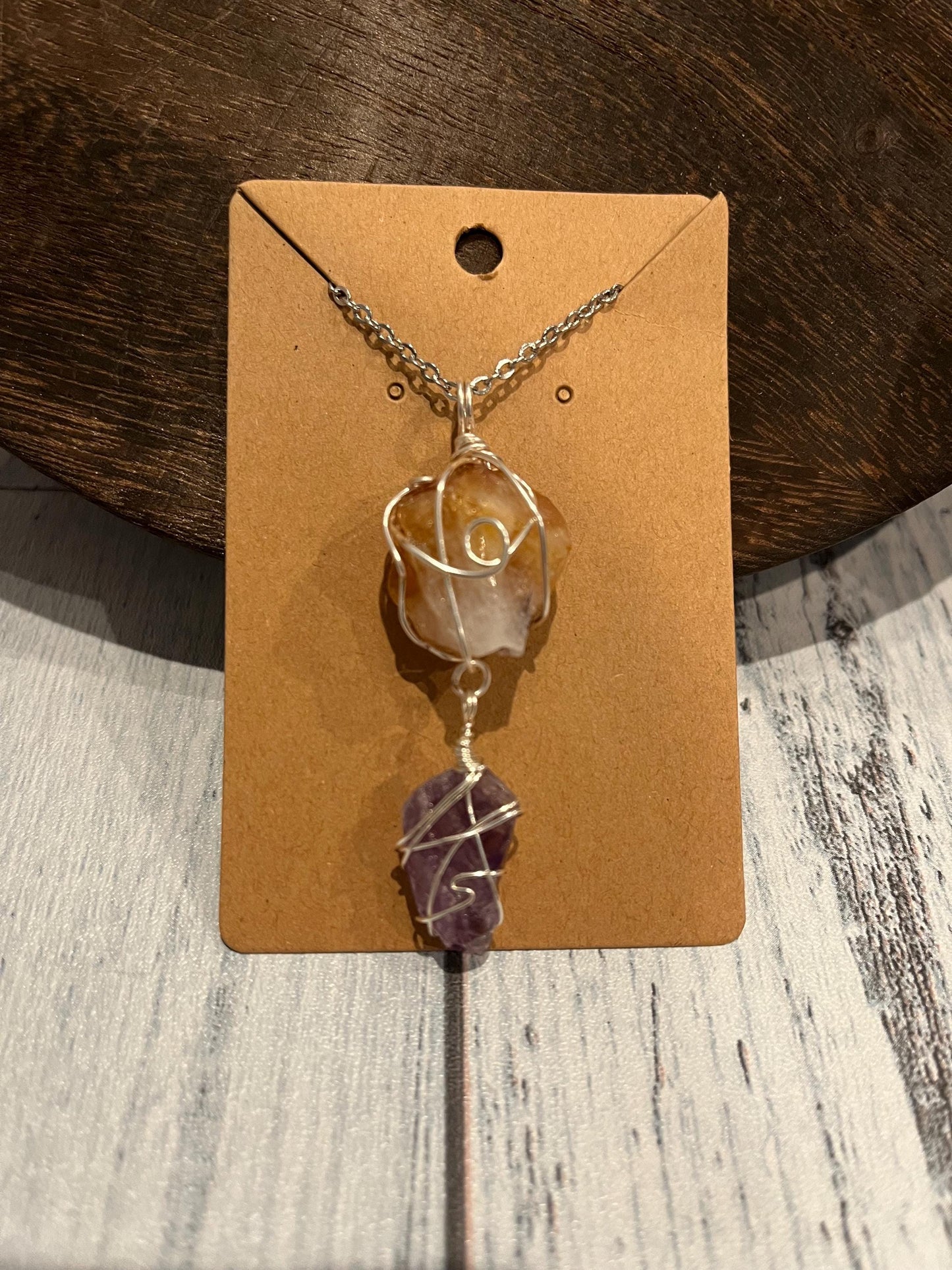 Crystal Wrapped Necklace, Chunky Raw Amethyst & Citrine Silver Wire Wrapped Necklace Gift, 18 inch Necklace. Healing Boho Crystal Necklace.