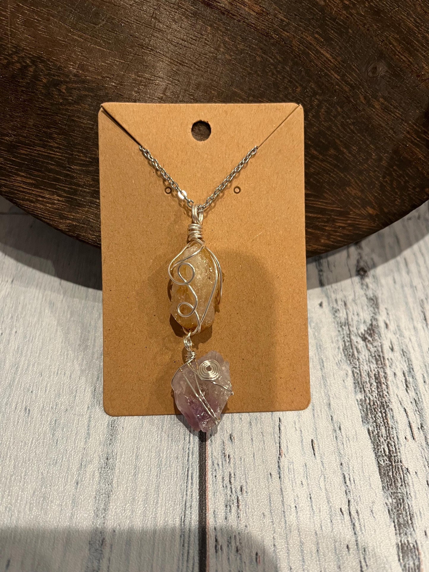 Crystal Wrapped Necklace, Chunky Raw Amethyst & Citrine Silver Wire Wrapped Necklace Gift, 18 inch Necklace. Healing Boho Crystal Necklace.