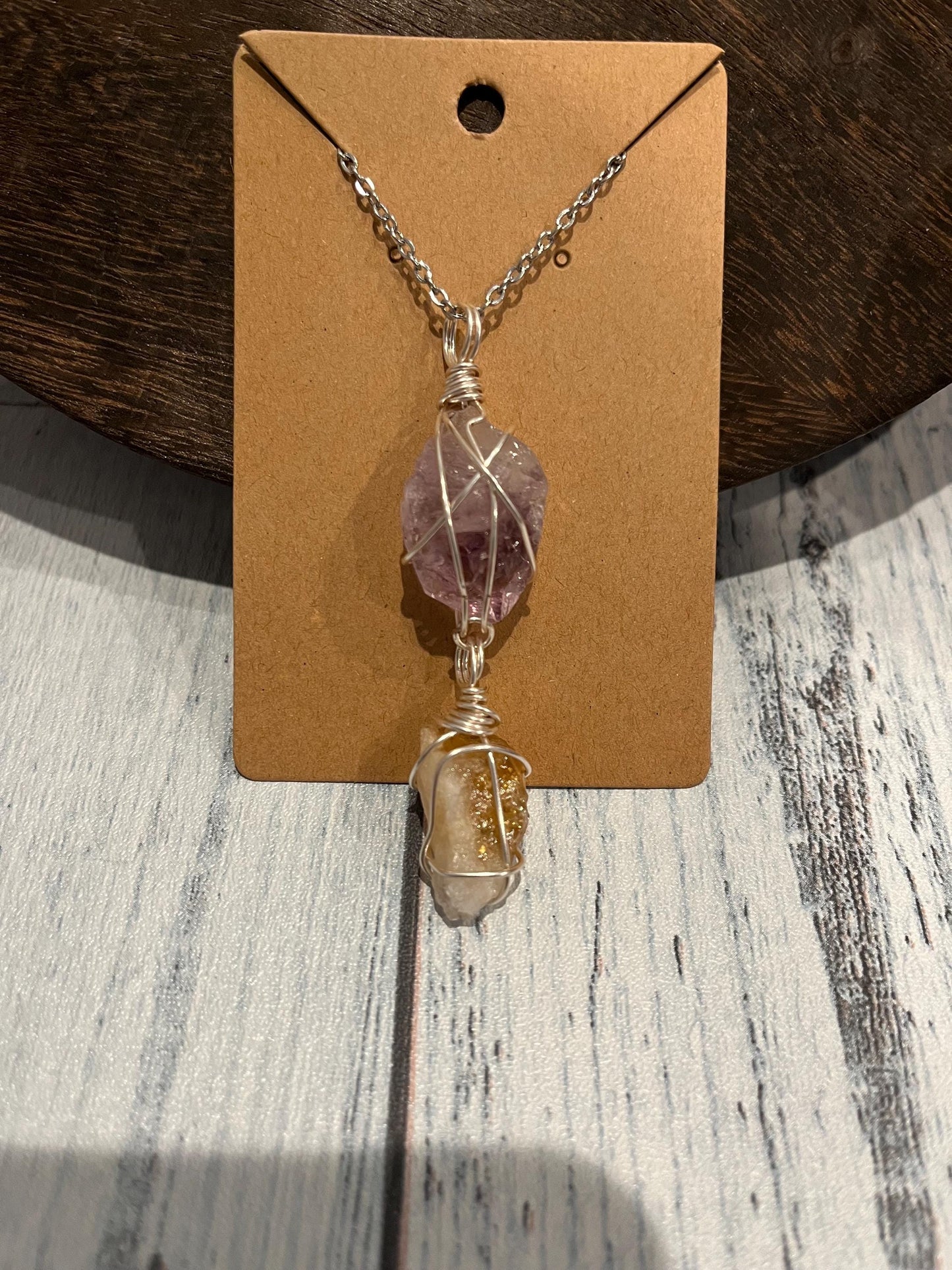 Crystal Wrapped Necklace, Chunky Raw Amethyst & Citrine Silver Wire Wrapped Necklace Gift, 18 inch Necklace. Healing Boho Crystal Necklace.