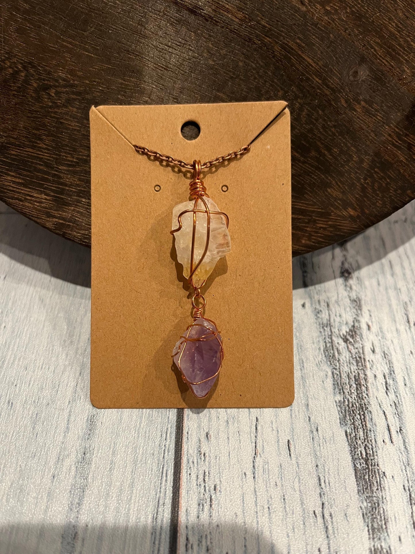 Crystal Wrapped Necklace, Chunky Raw Citrine & Amethyst Copper Wire Wrapped Necklace Gift, 18 inch Necklace. Healing Boho Crystal Necklace.