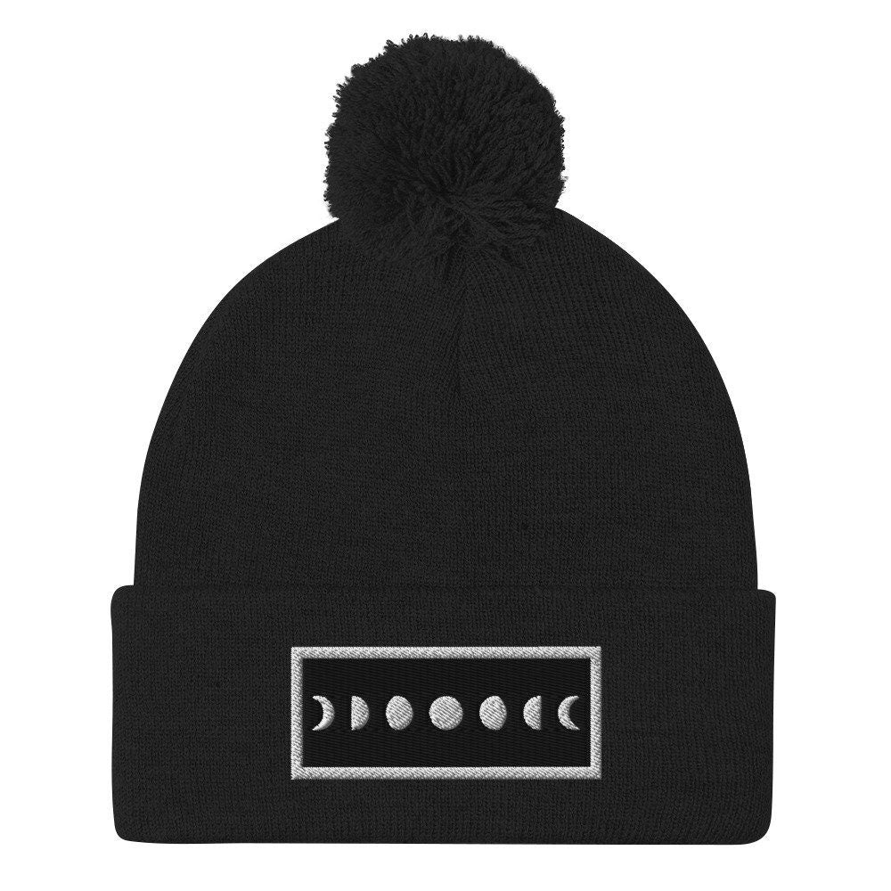Moonphase Embroidered Pom-Pom Beanie