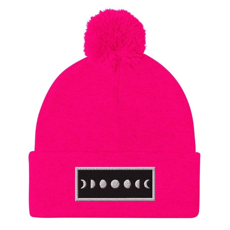 Moonphase Embroidered Pom-Pom Beanie