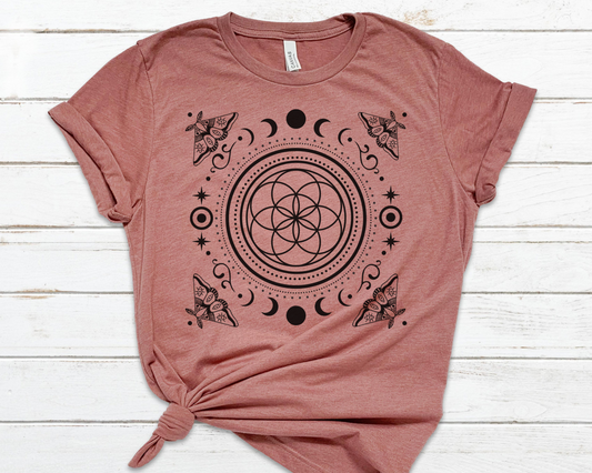 Sacred Geometry Seed of Life Moon Phase & Moth Shirt