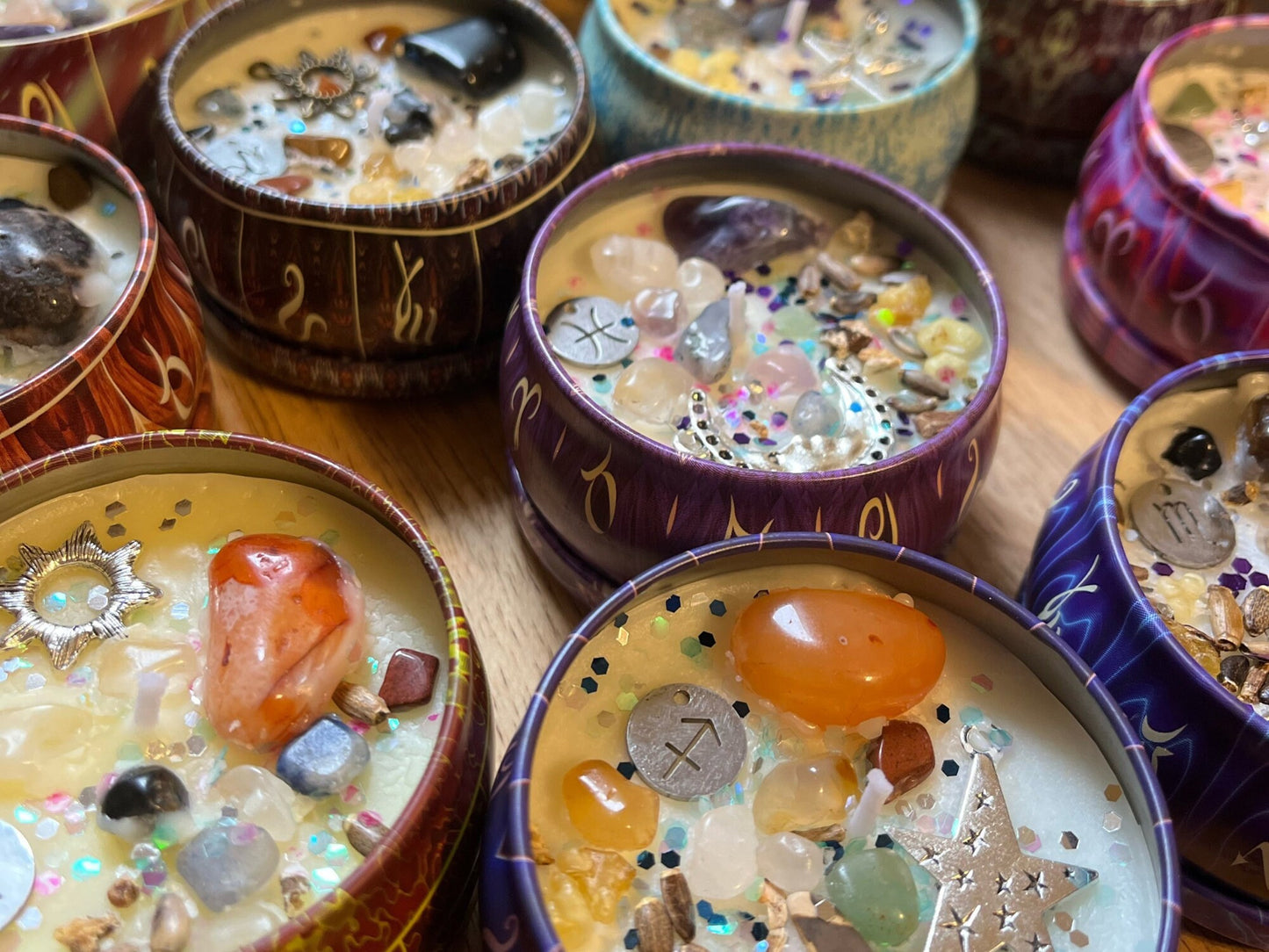 Zodiac Charm Crystal & Herb Infused Tin Candles