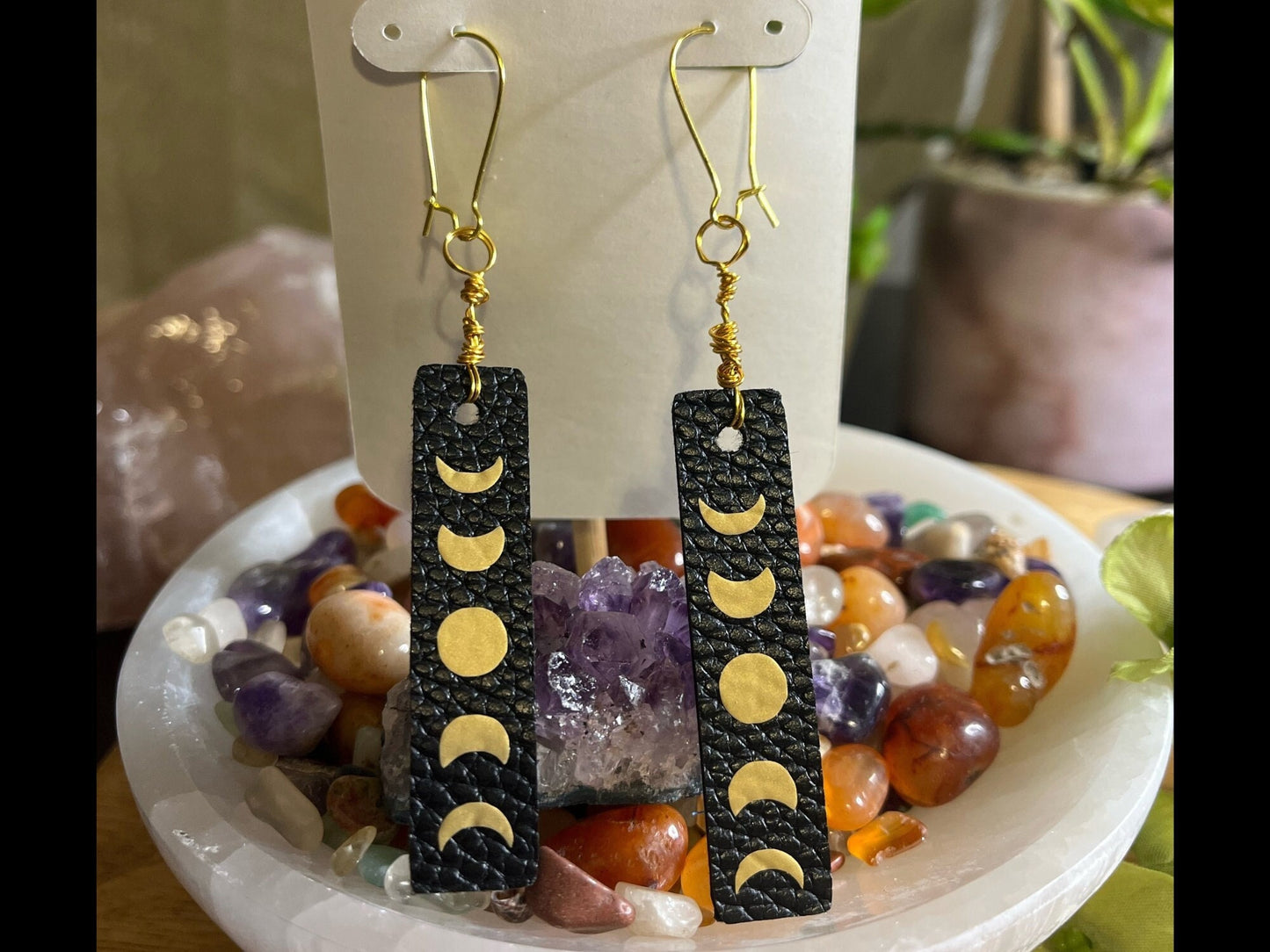 Moon phase boho Faux Leather Earrings