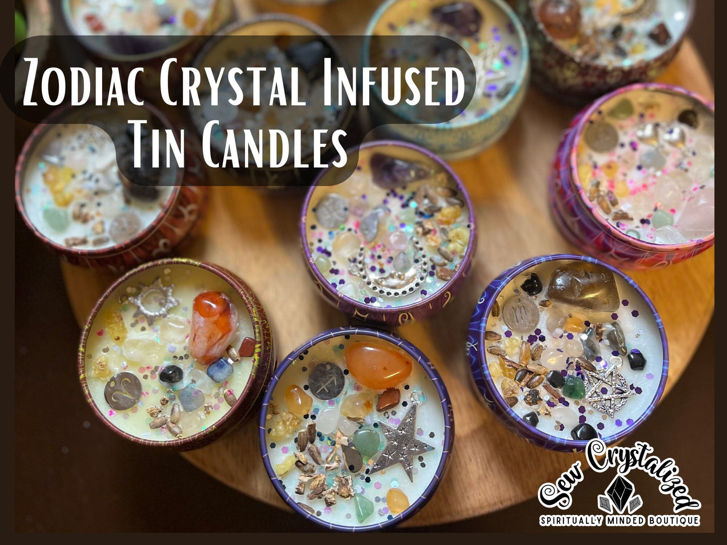 Zodiac Charm Crystal & Herb Infused Tin Candles
