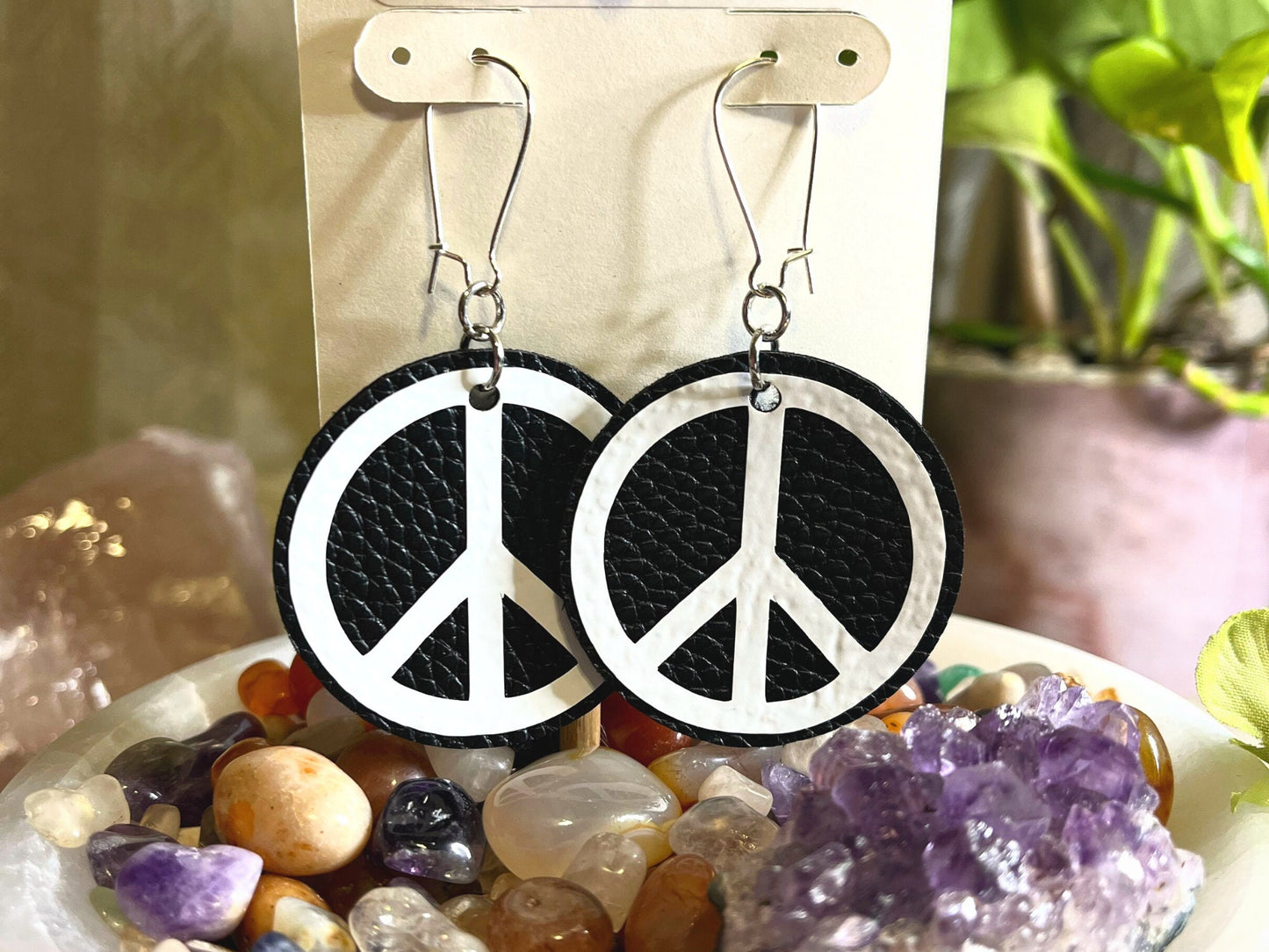 Peace Sign Faux Leather Earrings.