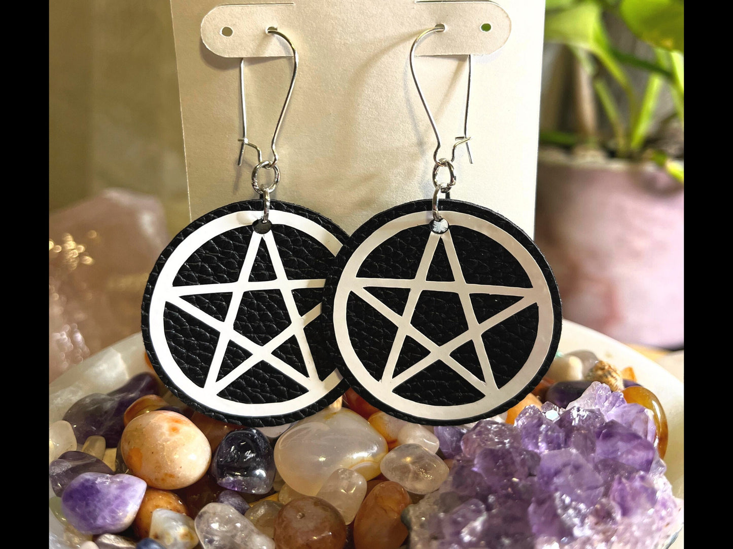 Gothic Pentagram Faux Leather Earrings, Pentacle Dangle Earrings, Hanger Dangle Drop Earrings for Gauged or Regular Pierced Ears.