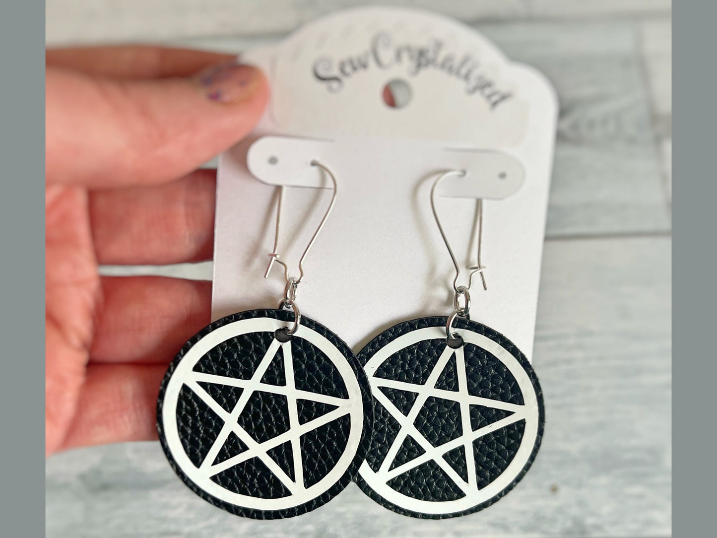 Gothic Pentagram Faux Leather Earrings, Pentacle Dangle Earrings, Hanger Dangle Drop Earrings for Gauged or Regular Pierced Ears.
