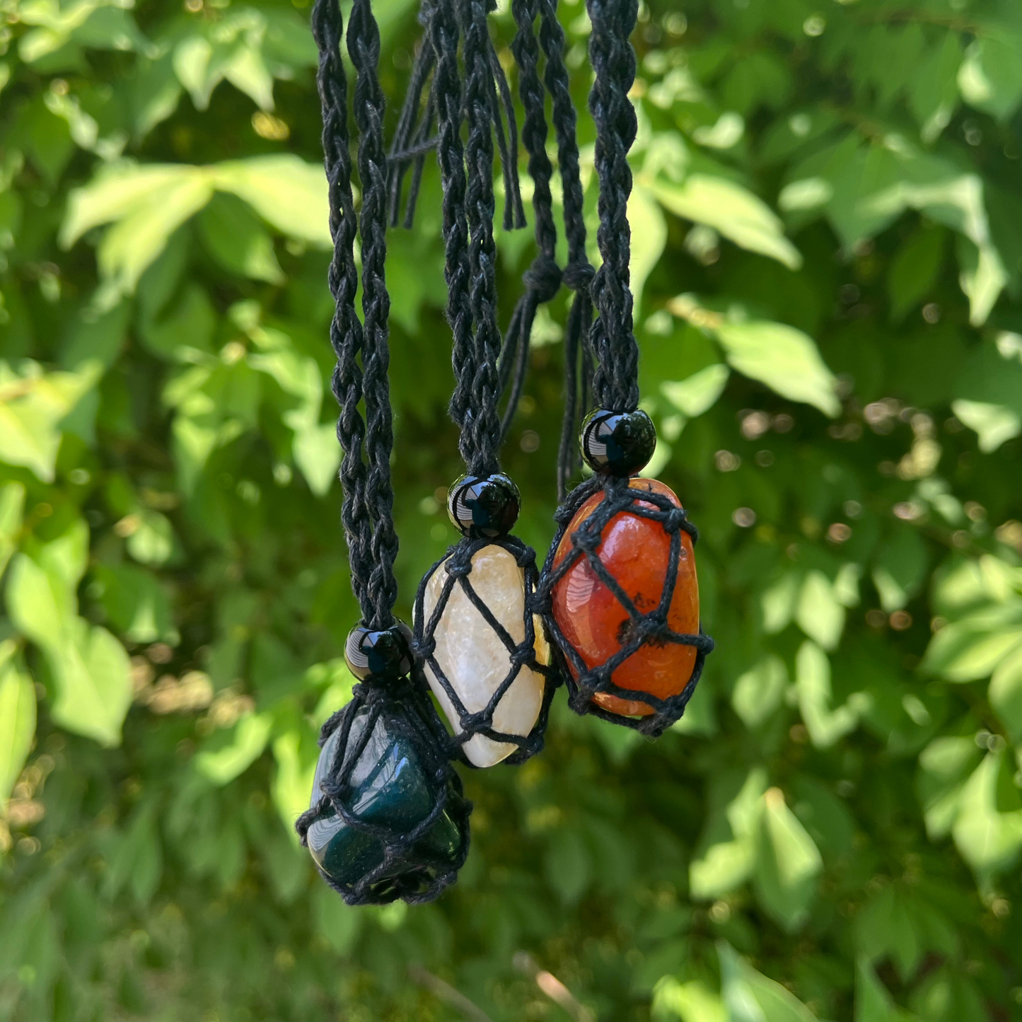 Adjustable Macrame Crystal Stone Pouch Necklace
