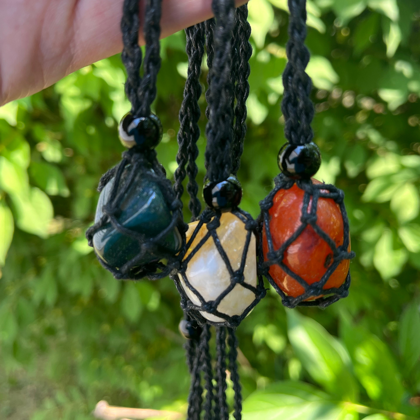 Adjustable Macrame Crystal Stone Pouch Necklace