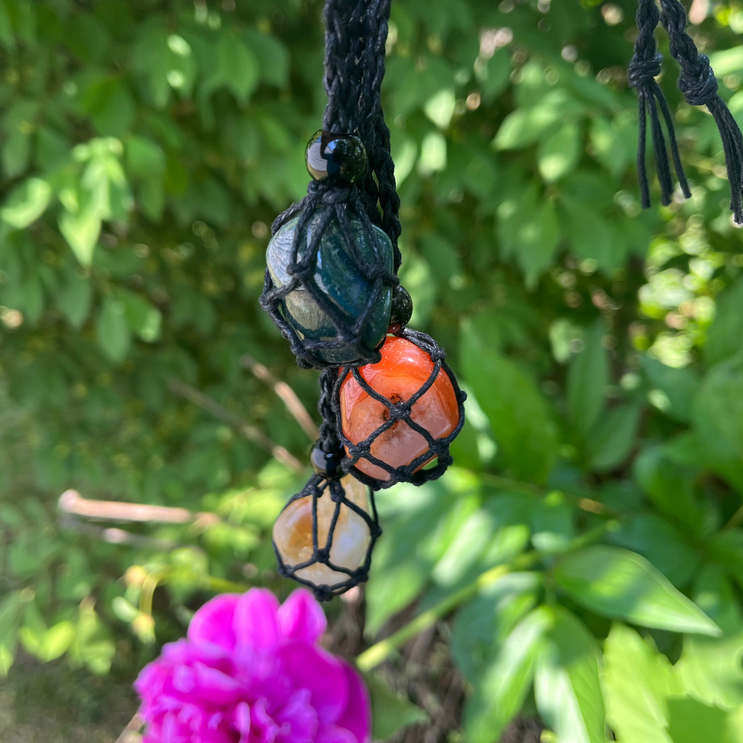 Adjustable Macrame Crystal Stone Pouch Necklace