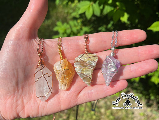 Crystal Wire Wrapped Pendant Necklaces, Chunky Raw Gemstones Wire Wrapped Necklace Gift, 18 inch Necklace. Healing Boho Crystal Necklace.