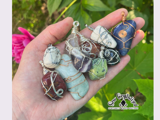 Mystery Crystal, Wire Wrapped Crystal Necklaces, Genuine Crystal Stones, intuitively chosen, Faux leather cord, hand wrapped tumbled stones
