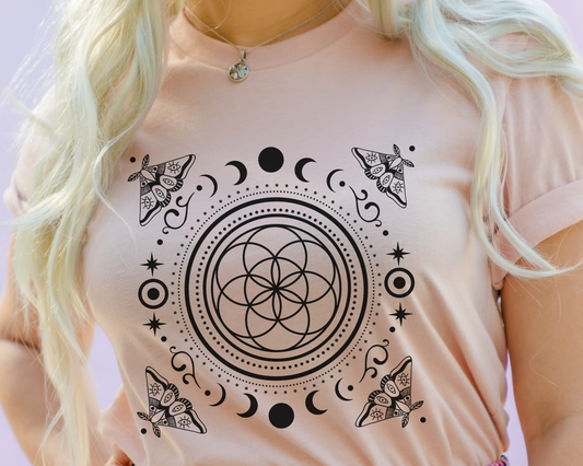 Sacred Geometry Seed of Life Moon Phase & Moth Shirt