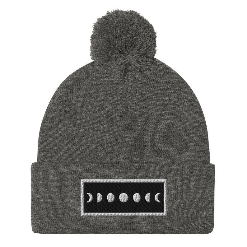 Moonphase Embroidered Pom-Pom Beanie
