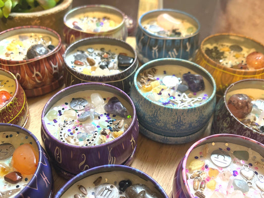 Zodiac Crystal Infused Tin Candles, Crystal and Herb Small Candle Gift, Crystal & Charm Portable Candle, Astrology Candle Gift