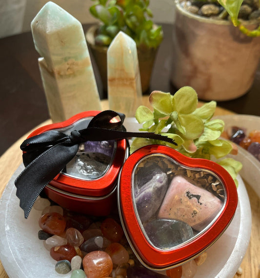 Valentines day Crystals, Healing Love Crystals in Heart Shaped Tin, Intuitively Chosen Crystals & Gemstones, Valentines Gemstone Gift Set,